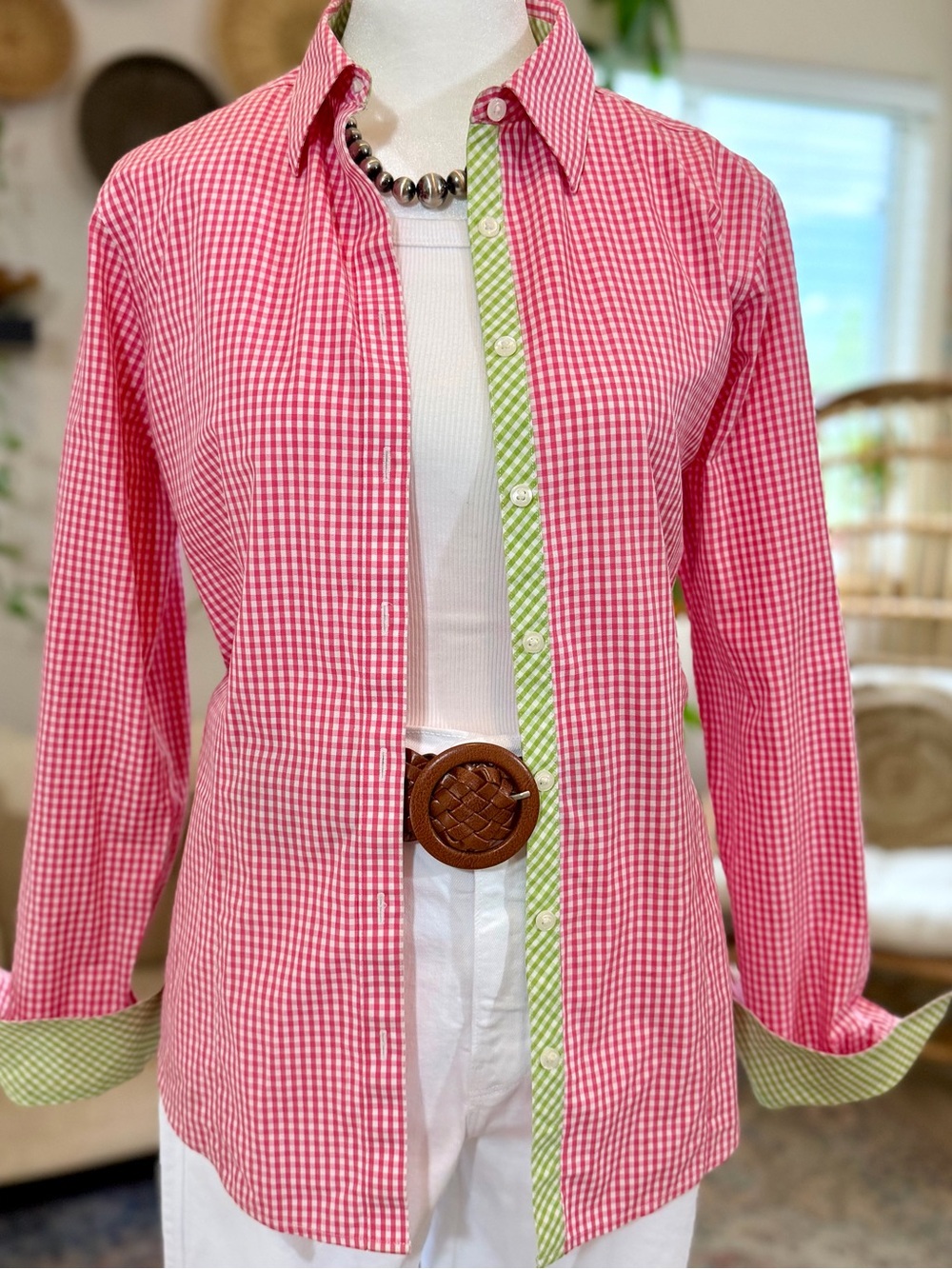 Brooks Brothers GINGHAM Cotton Pink Green Shirt Top Blouse Spring Preppy Size 6 - Picture 4 of 10